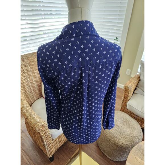 Express The Portofino Shirt Nautical Anchor Print Navy Blue XS Roll Tab Sleeves - Picture 4 of 8